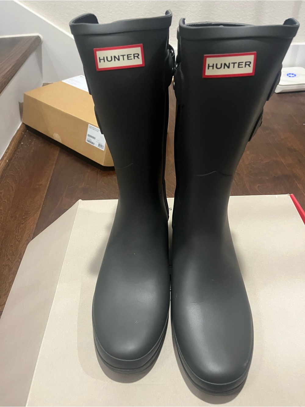 Hunter Black Tall Glossy Rain Boots with Red Logo
